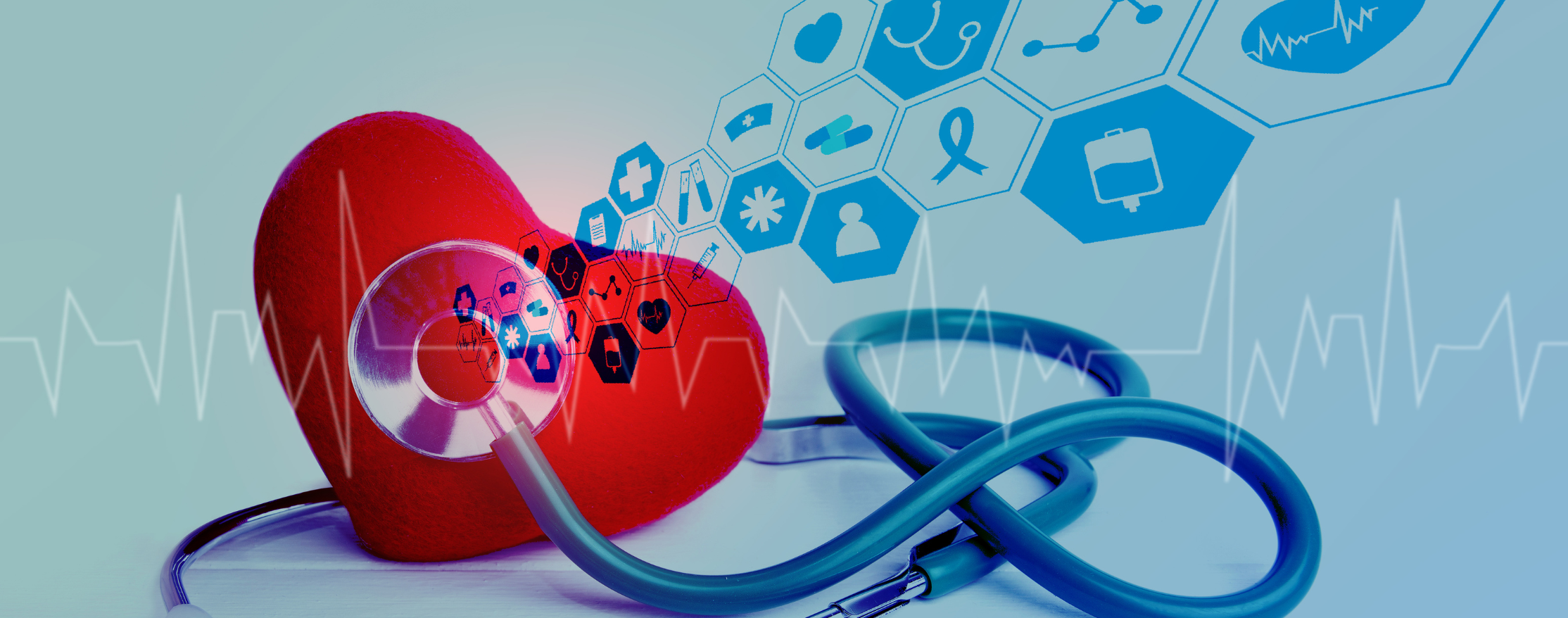 An illustrated stethoscope in blue surrounds a red heart. Medical icons float up and out of the top right of the frame from the heart's center.