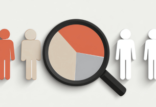 A magnifying glass with a cream, orange, and grey pie chart sits in the middle off four human figures in orange, cream, and white. 