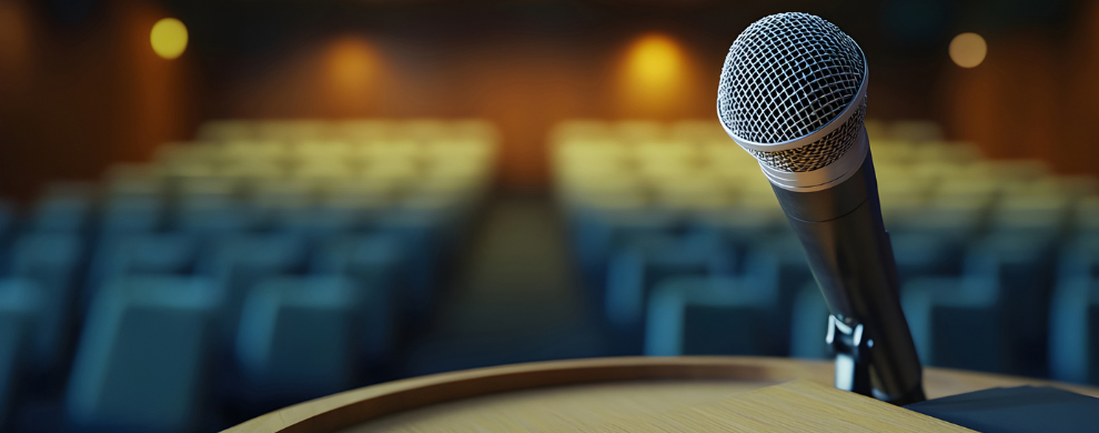 A performance auditorium with microphone in the right foreground, as viewed from the podium.